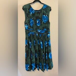 Boden Women’s Selina Green Blue Floral Print Ruched Sleeveless Dress Sz 12L